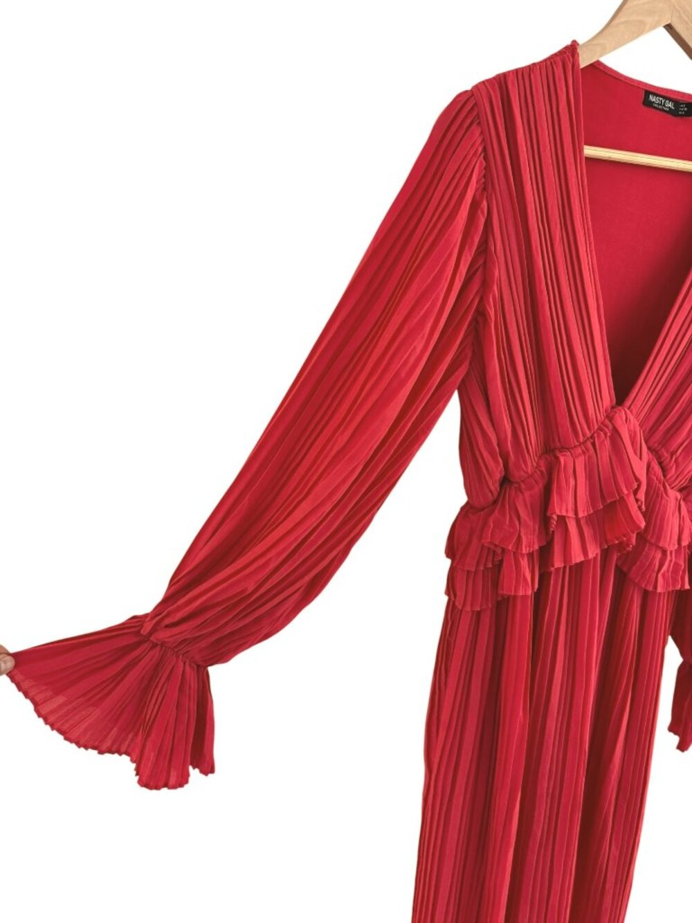 Nasty Gal Red-Orange Ruffle Plunging Pleated Midi Maxi Dress Size 4 Wedding - Picture 7 of 11